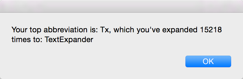Your top abbreviation is Tx, which you've expanded 15218 times to: TextExpander
